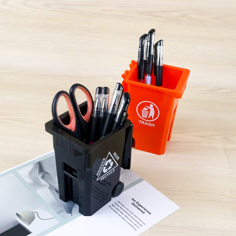 Wiosi Mini Garbage Trash Pen Holder for Desk and Tiny Recycle Bin Pencil Holder Black & Orange, Pack of 2 - Storage for Pencil & Pen | Office Stationery to Organize The Desk | Ideal for Student Work - Image 3